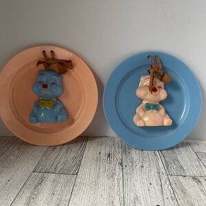 Vintage Hard Plastic Japanese? Blue/Peach Pigs Decor Hangin Plates Alladin Brand